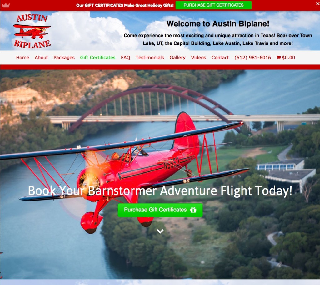 Screenshot from website Austin Biplane Be A Barnstormer Flights Over Austin